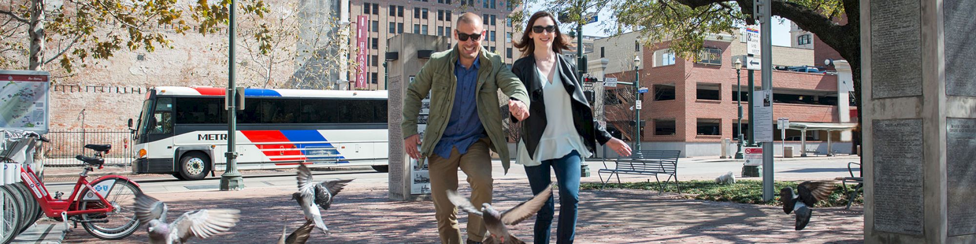 A couple is walking through a city park with pigeons flying around and a bus in the background on a sunny day.