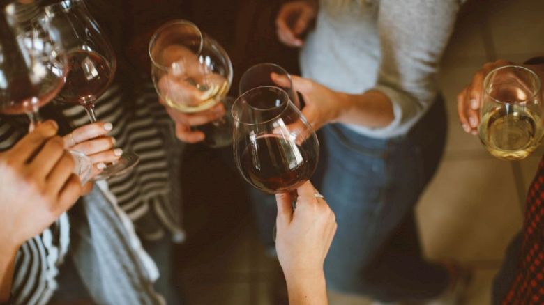 People holding and clinking wine glasses in a casual social gathering.