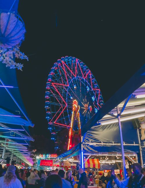 The image shows a vibrant night scene at a fair with a brightly lit Ferris wheel in the background, surrounded by colorful lights and people.