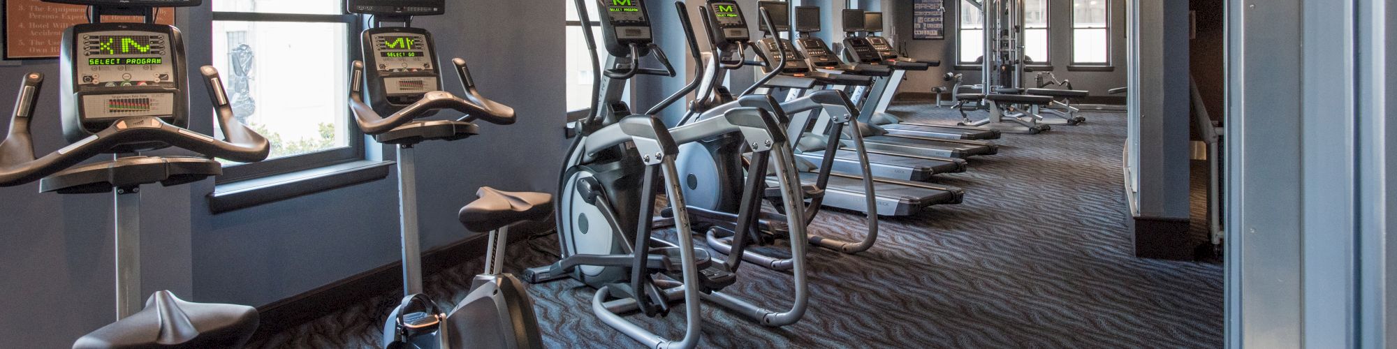 This image shows a gym with stationary bikes, elliptical machines, and treadmills lined up in front of windows and a mirrored wall.