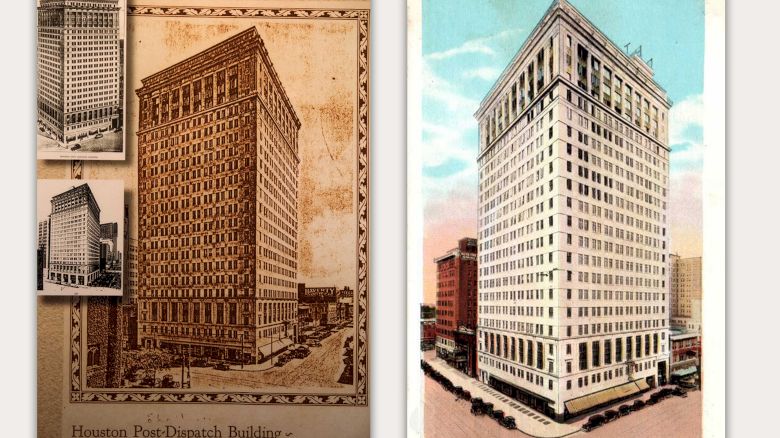 The image shows vintage illustrations of the Houston Post-Dispatch Building, featuring two different artistic renditions.