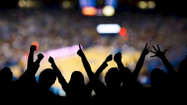 Silhouettes of cheering fans in the foreground with a blurred background of a brightly lit sports arena.