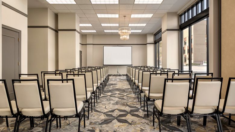 The image shows a conference room with rows of beige chairs facing a screen at the front, with large windows and a patterned carpet.