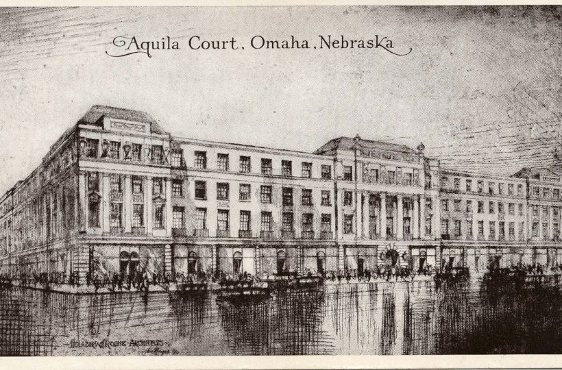 A sketch of Aquila Court in Omaha, Nebraska, featuring a detailed building facade with multiple stories and people walking.