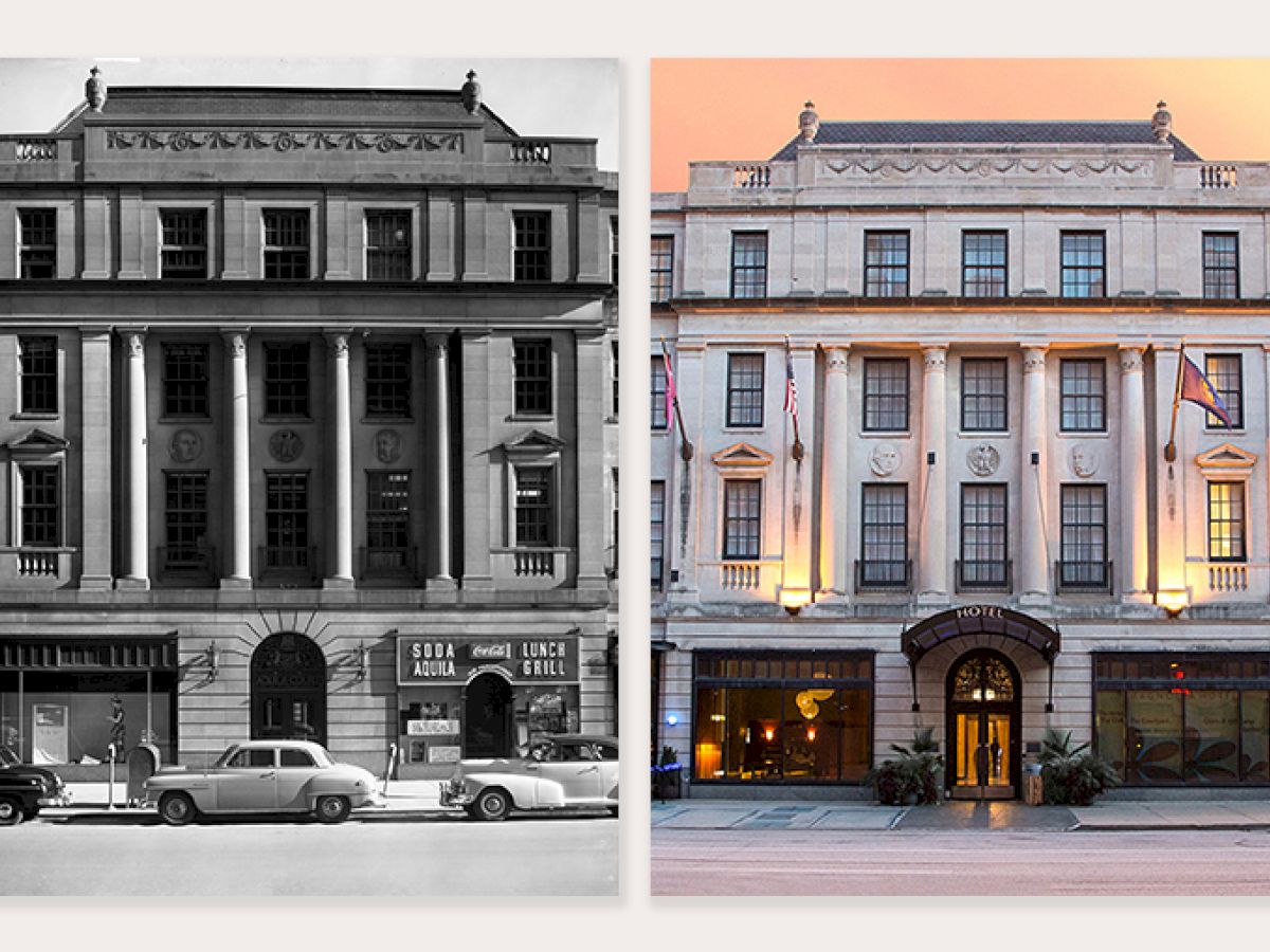 The image shows two side-by-side photos of the same building, with an older black-and-white version on the left and a modern color version on the right.